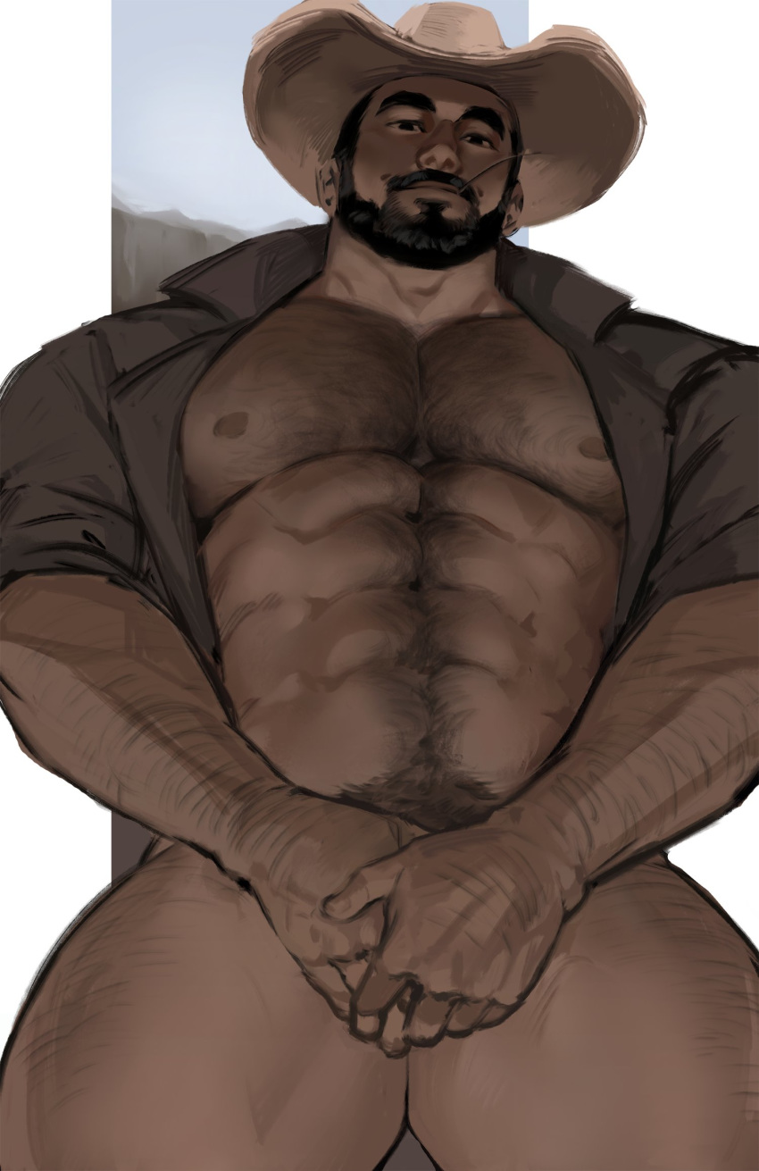 1boy abs bara beard black_eyes black_hair convenient_censoring covering_crotch cowboy cowboy_hat dopq hairy hairy_arms hairy_chest hairy_legs hat looking_at_viewer male male_only manly muscles muscular muscular_male original_character partially_clothed pecs posing pubes shirt solo solo_male thick_thighs yy6242