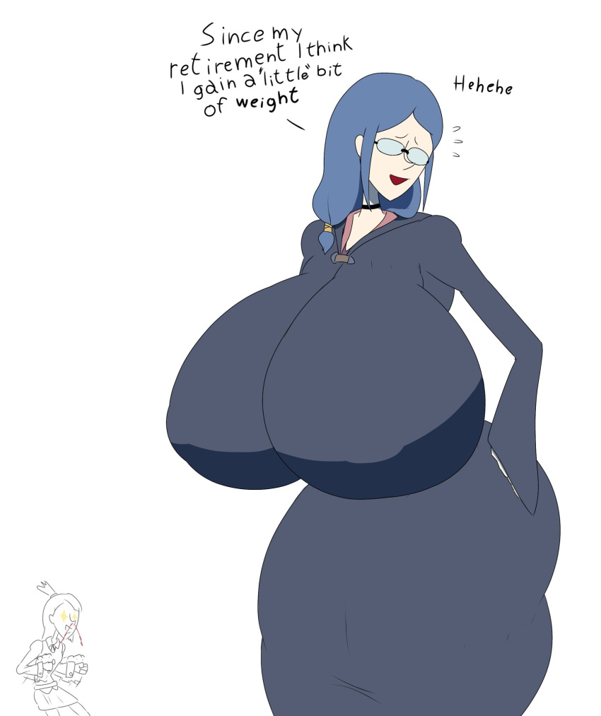 2girls ass_bigger_than_head atsuko_kagari big_ass blue_hair breasts_bigger_than_head clothed clothed_female female female_only glasses hanging_breasts huge_ass huge_breasts little_witch_academia long_hair massive_breasts milf multiple_girls no_bra pale_skin_female pussy_visible_through_clothes red_eyes secca_(artist) thick thick_thighs thighs ursula_callistis