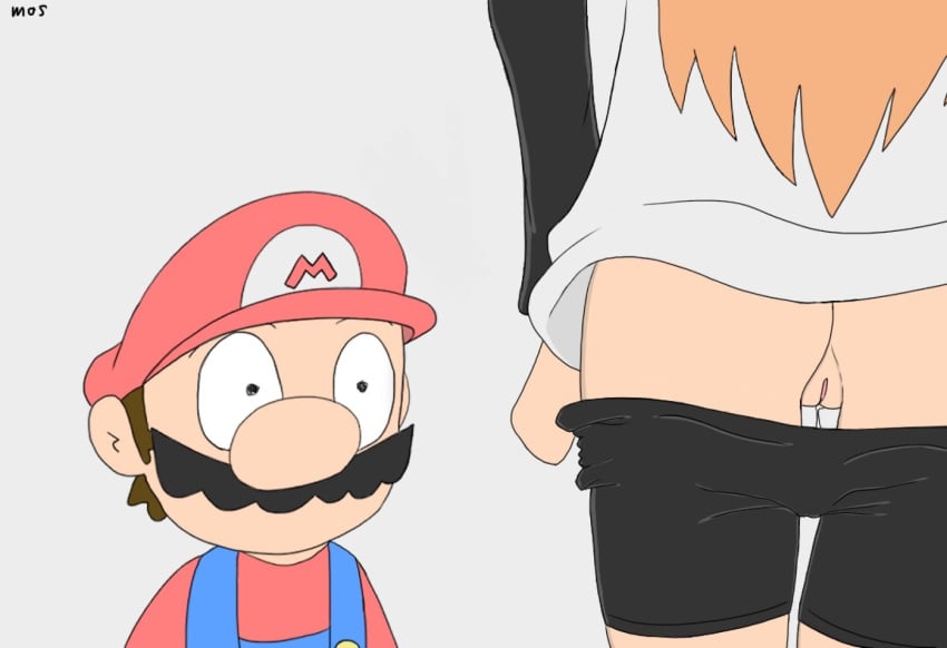 ass black_shorts clothing ginger_hair glitch_productions human_meggy mario mario_(series) meggy_spletzer mosbutter2 nintendo orange_hair pulling_down pulling_down_shorts pussy shorts smg4 super_mario_bros. tagme unseen_female_face white_shirt