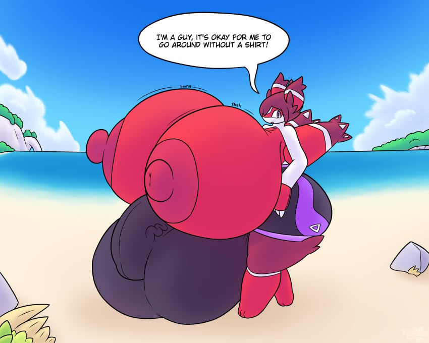 anthro anthrofied ass balls beach big_balls big_breasts big_butt big_penis breasts bulge busty_boy clothed clothing cloud fan_character generation_3_pokemon genitals hair hi_res huge_balls huge_breasts hyper hyper_balls hyper_breasts hyper_genitalia intersex kespuzzuo lateo_(kespuzzuo) latias legendary_pokemon male male_(lore) nintendo nipples open_mouth penis pokemon pokemon_(species) purple_eyes red_body red_hair red_nipples seaside solo speech_bubble swimming_trunks swimwear text thick_thighs topless water