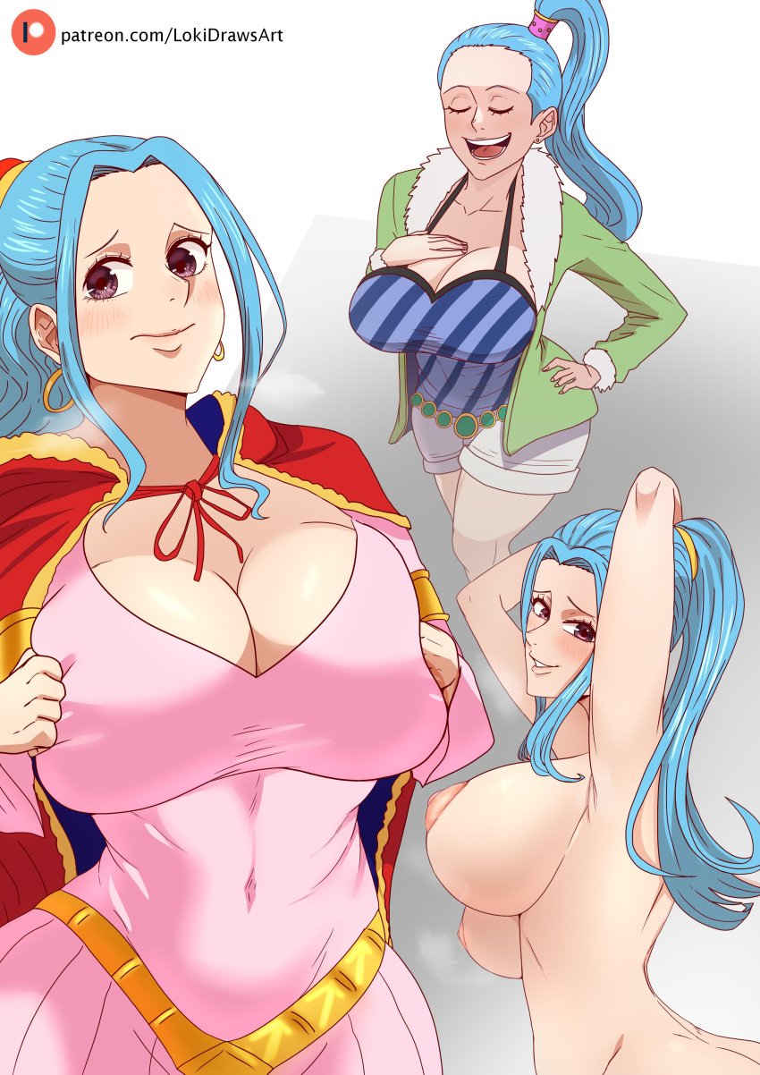 1girls bare_arms bare_breasts bare_legs bare_shoulders bare_thighs big_breasts blue_hair breasts_bigger_than_head clothed clothing color dress embarrassed female female_focus female_only hi_res jewelry large_breasts light-skinned_female light_skin lokidrawsart long_hair looking_at_viewer miss_wednesday nefertari_vivi nipples nude nude_female one_piece open_mouth pleasure_face post-timeskip pre-timeskip ribbon shounen_jump solo solo_female thick_thighs