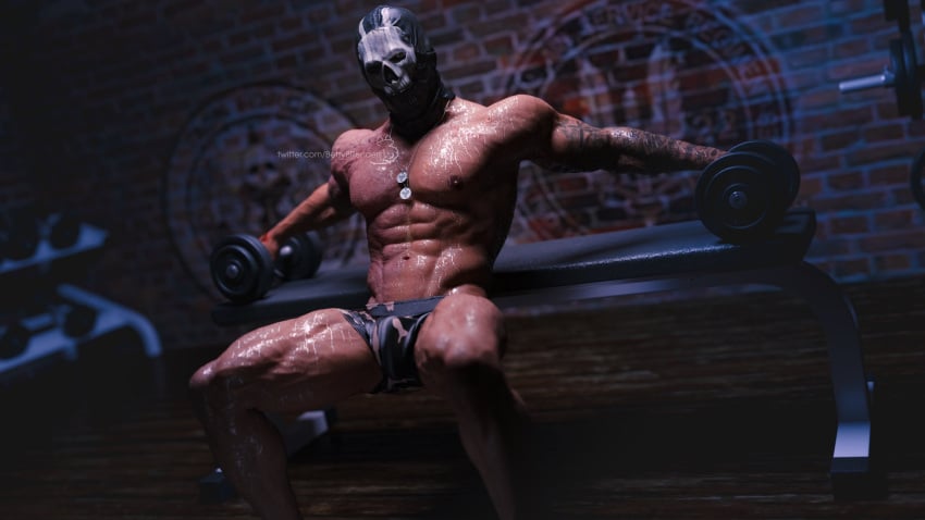 3d 3d_(artwork) 3d_model activision bettybattaglia boxers_only british call_of_duty call_of_duty_modern_warfare_2_(2022) ghost_(modern_warfare_2) indoors infinity_ward lifting_weights looking_at_viewer male male_focus male_only manly masculine masked masked_male muscles muscular muscular_arms muscular_male muscular_thighs simon_riley solo solo_focus solo_male tagme tattoo_on_arm tattooed_arm tattooed_male working_out