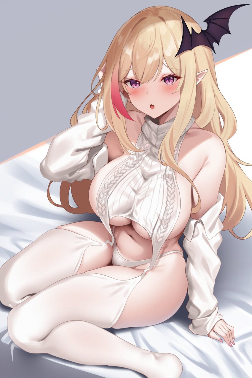 1girls bed belly_button blonde_hair blush breasts cute_fang detached_sleeves female female_only huge_breasts kou_mariya light-skinned_female light_skin meme_attire monster_girl on_bed petalight pink_eyes pointy_ears raiou sideboob solo sweater underboob v4mirai vampire vampire_girl virgin_destroyer_sweater virtual_youtuber