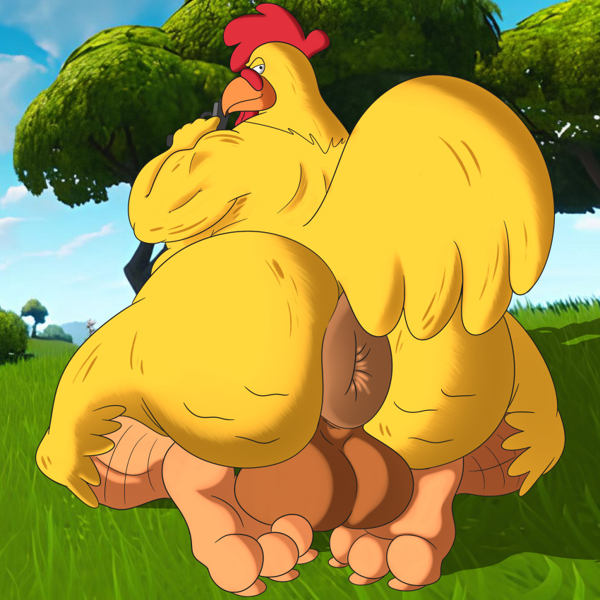 absurd_res anthro anus ass avian avian_caruncle avian_feet big_butt big_feet bird chicken comb_(anatomy) dewlap_(anatomy) ernie_the_giant_chicken family_guy feathers feet foot_fetish foot_on_balls galliform gallus_(genus) gun head_crest hi_res holding_object holding_weapon huge_butt humanoid looking_back male musclegut outside phasianid possbooty presenting presenting_hindquarters puffy_anus ranged_weapon slightly_chubby solo tail tail_feathers weapon