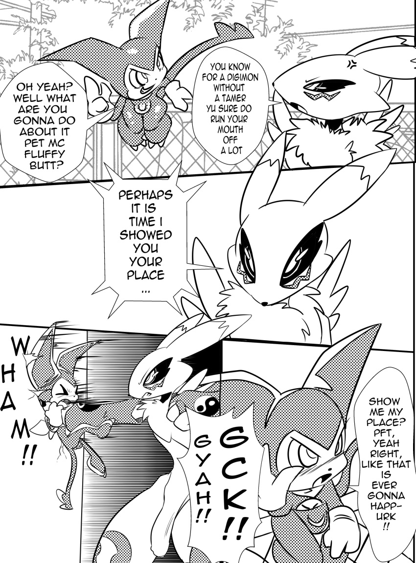 2boys absurd_res anthro black_sclera canid canine claws clothing comic dialogue digimon digimon_(species) duo english_text fight gay genitals girly gloves handwear hi_res impmon male male/male male_only male_renamon mammal monochrome outside penis renamon simple_background text train_station tuft white_crest yaoi