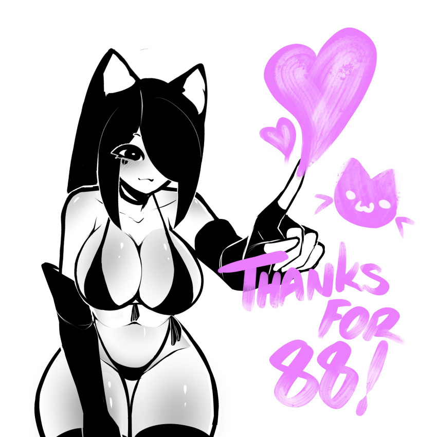 1girls 2024 :3 animal_ears bent_over bikini black_bikini black_eyes black_hair blush body_blush breasts cat_ears catgirl elbow_gloves english_text facial_markings fingerless_gloves follower_celebration gloves hair_over_one_eye heart hips large_breasts long_gloves long_hair milestone_celebration navel original side-tie_bikini standing tagme tekona text thighhighs thighs wide_hips