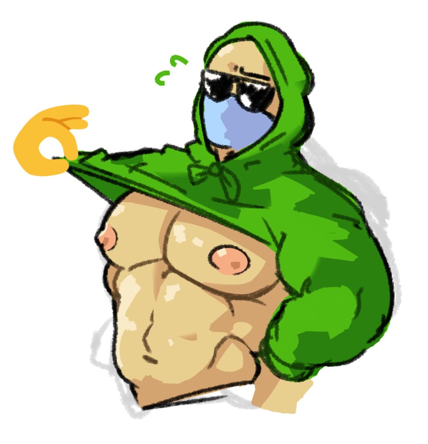 1boy anonymous_artist bara gay hoodie_lift kwite male_focus male_only masked_male muscular muscular_male nipples pecs solo sunglasses sweat sweater unknown_artist white_background youtube youtuber