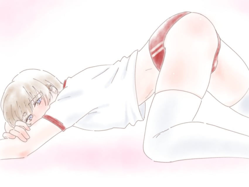 alternate_costume ass_up blue_eyes blush brown_hair buruma crossdressing face_down_ass_up femboy fully_clothed gintama gym_uniform light_brown_hair looking_at_viewer male male_only okita_sougo pale-skinned_male pale_skin solo thighhighs tsuki_gntm2 twink uniform white_legwear white_thighhighs