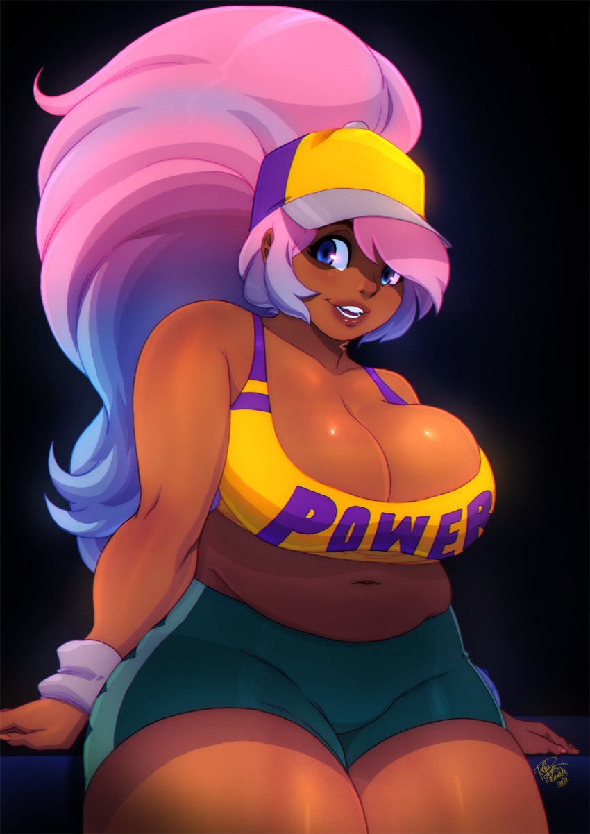 blue_eyes blue_hair cap dark-skinned_female exercise_clothing green_shorts huge_breasts ming-ming_yúan pink_hair ponytail shorts smile tovio_rogers