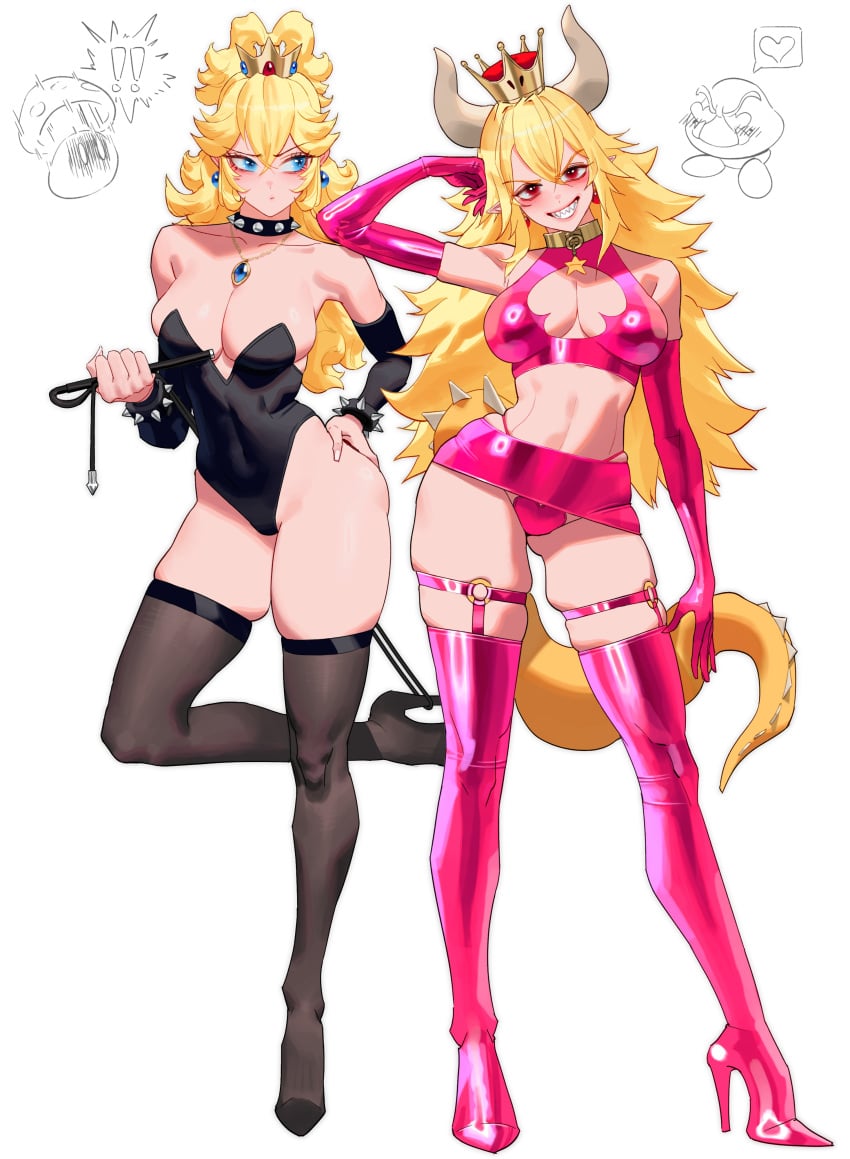 2girls absurd_res arm_gloves bent_leg blonde_hair blue_eyes bowsette clothing_swap crown elbow_gloves female female_only goomba high_heel_boots horns leotard long_hair looking_at_viewer mario_(series) new_super_mario_bros._u_deluxe nintendo pasties pink_clothing pointy_ears princess_peach red_eyes smiling smiling_at_viewer spiked_bracelet spiked_collar standing_on_one_leg stockings super_crown super_mario_bros. tail teeth_showing thigh_squish white_background wonbin_lee