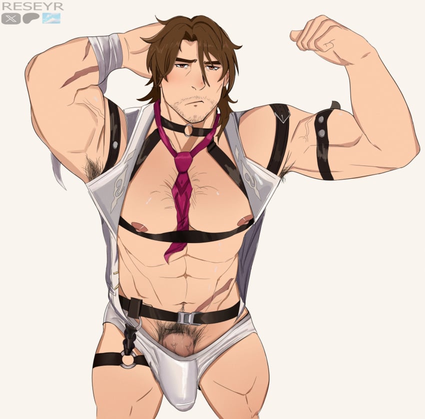 1boy abs armpit_hair armpits blush blush bulge chest_hair flexing_arms gallagher_(honkai:_star_rail) honkai:_star_rail honkai_(series) male male_only muscular muscular_male nipples reseyr solo solo_male underwear underwear_bulge veiny_penis