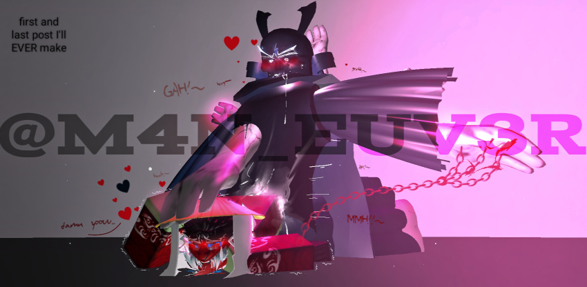 2boys 3d artist_name black_cape black_skin black_skull chained_wrists crying cum drooling drooling_tongue eyes_rolling_back gay gay_sex gray_background heart humanoid implied_anal joke kusonoki m4n_euv3r male male_only masked_male monster multi_arm multi_limb pink_background pleasure_face puppet red_clothes restrained roblox roblox_game robloxian samurai satire self_love self_upload selfcest shaking shivering tearing_up text the_mimic tongue tongue_out watermark