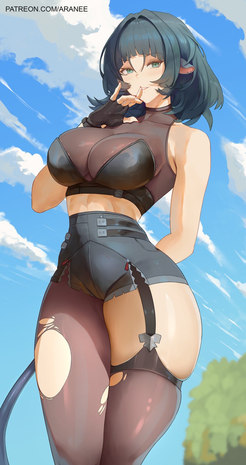 araneesama bangs big_breasts black_hair female female_only fringe fully_clothed hand_behind_back jane_doe_(zenless_zone_zero) light-skinned_female light_skin outdoors outside revealing_clothes ripped_clothing ripped_pantyhose shh short_hair solo stockings thick_thighs tight_clothing toned_stomach zenless_zone_zero