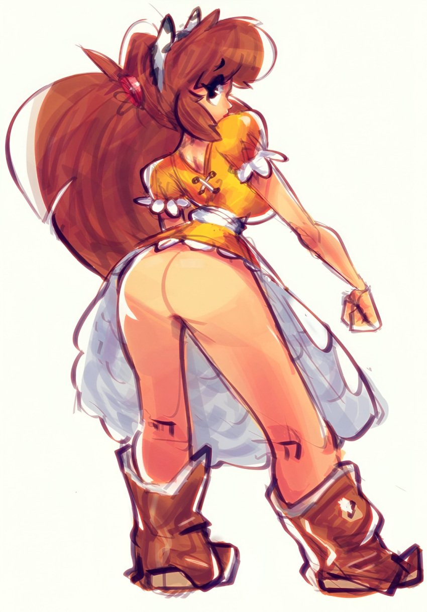 ass brown_hair cow_horns cowboy_boots ferrosaas horns_hairband long_hair mona_(inker_comics) no_panties original_character presenting_ass thick_thighs yellow_dress