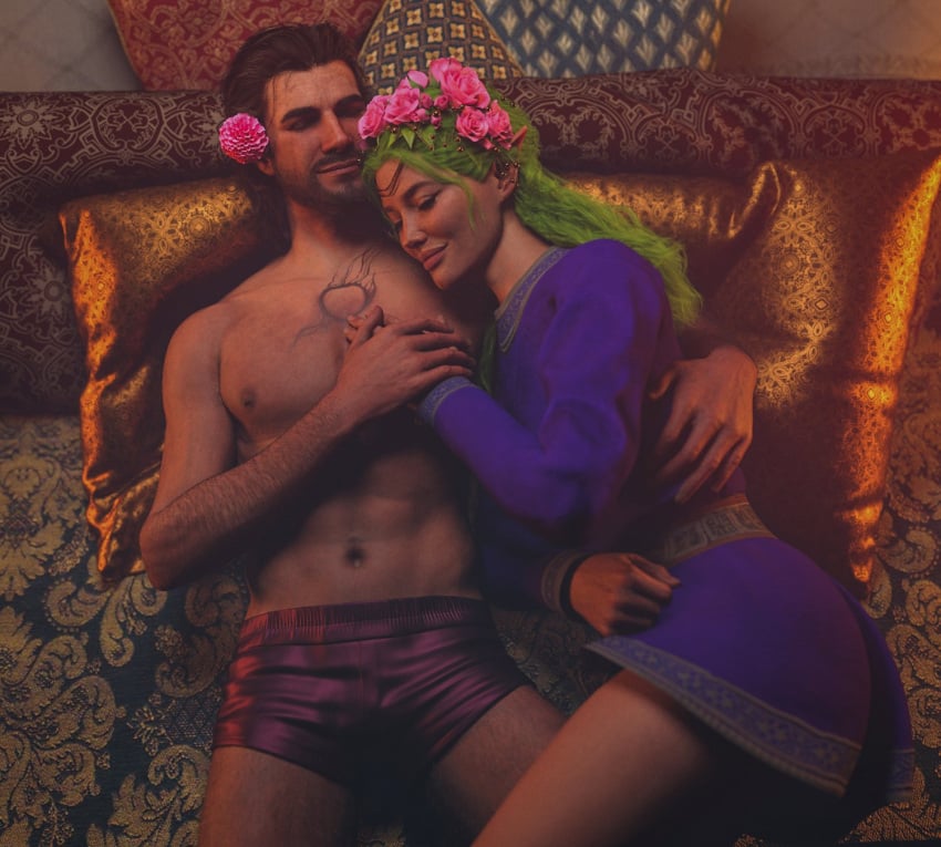 3d 3d_(artwork) 3d_model baldur's_gate baldur's_gate_3 boxers_only cuddling flower_crown flower_in_hair gale_dekarios green_hair happy loving loving_couple loving_embrace mahtsazizi male/female oc original_character original_female_character partially_nude_male peaceful romantic romantic_ambiance romantic_couple sensual tattoo_on_chest tav_(baldur's_gate) wholesome