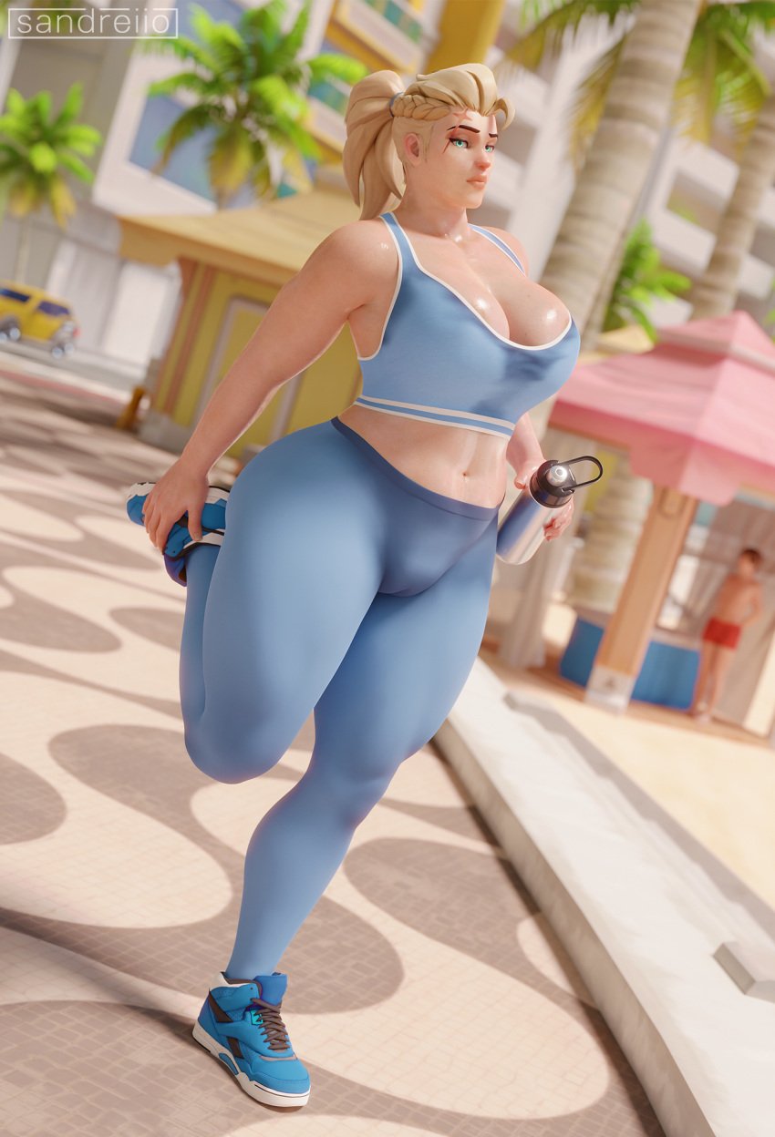 3d athletic_female big_ass big_breasts blonde_hair blue_eyes breasts cleavage clothing female female_only fit_female highres light-skinned_female light_skin looking_at_viewer overwatch overwatch_2 ponytail sandreiio scar solo solo_female sweat sweating sweaty sweaty_body thick_thighs thighs zarya