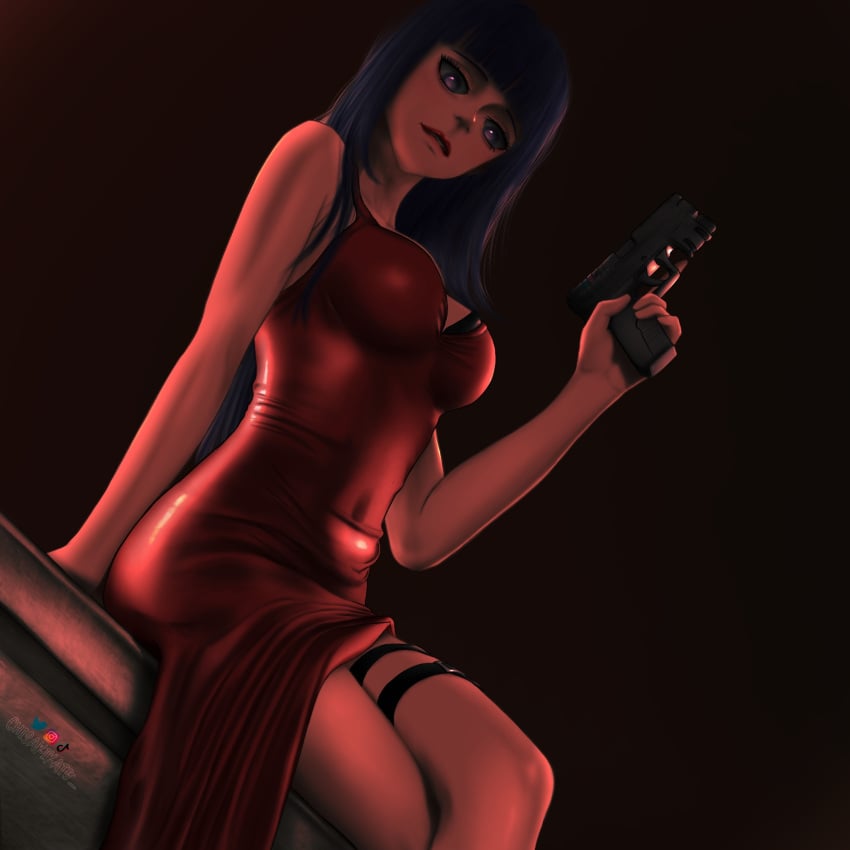 ada_wong_(cosplay) big_breasts biting_lip blue_hair byakugan cosplay gun holding_gun holding_object hyuuga_hinata leg_strap long_hair looking_at_viewer naruto naruto_(series) naruto_shippuden pale_eyes red_dress resident_evil sitting