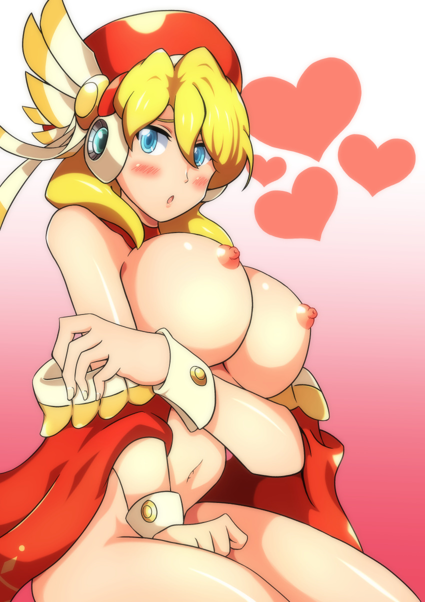 1girls absurdres alia android blonde_hair blue_eyes blush breasts capcom cape embarrassed gloves hat highres kotatuman_dash large_breasts mega_man mega_man_x nipples nude open_mouth red_cape reploid robot robot_ears sitting solo white_gloves wide_hips