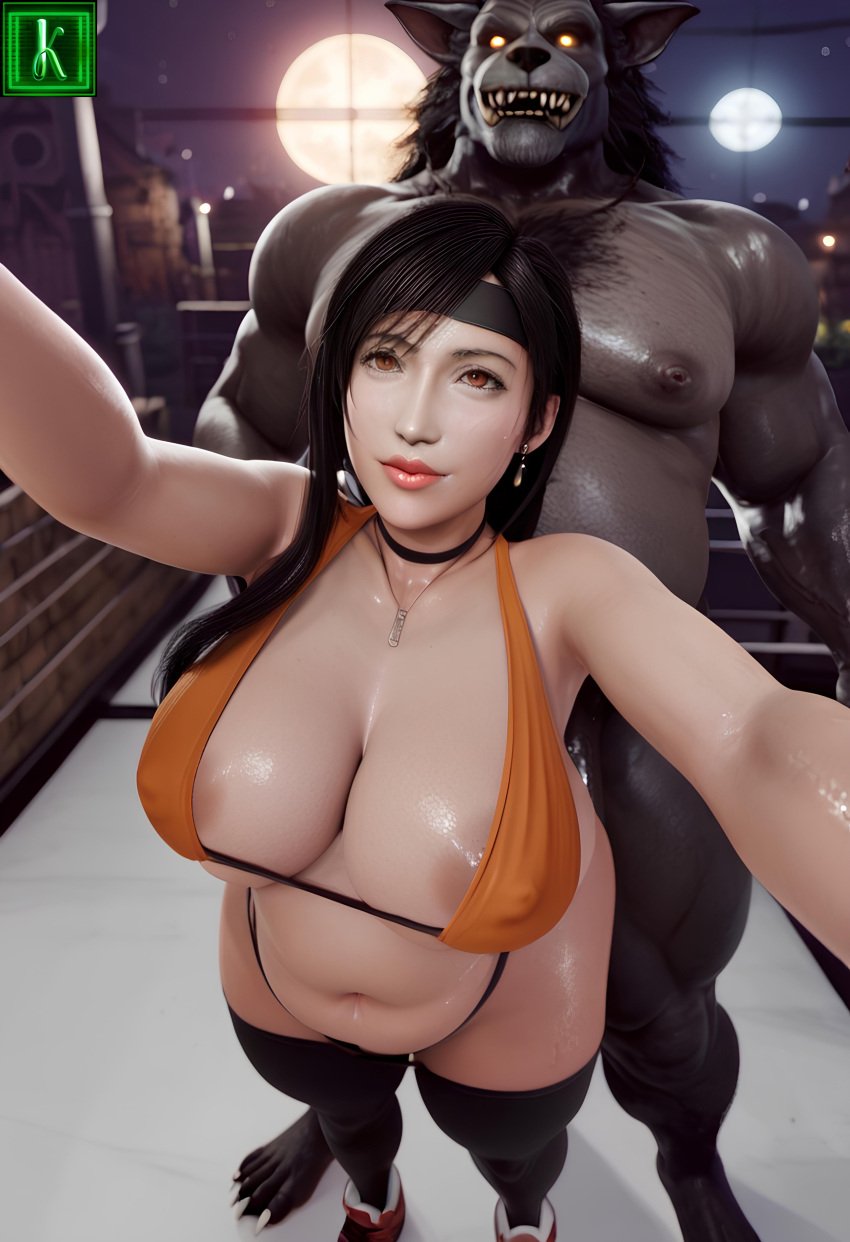 1boy 1girls ai_generated areola_slip couple_focus fat_man from_above halloween_costume kisuco selfie skimpy_clothes tifa_lockhart ugly_bastard werewolf_costume