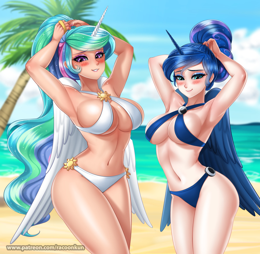 2girls armpits beach belly big_breasts blue_eyes blue_hair blush bocas_top breasts cleavage curvy female friendship_is_magic green_eyes hairbun horn huge_breasts humanized large_breasts long_hair multicolored_hair my_little_pony navel palm_tree pink_eyes pink_hair princess_celestia_(mlp) princess_luna_(mlp) racoonkun royalty thick_thighs underboob voluptuous wings