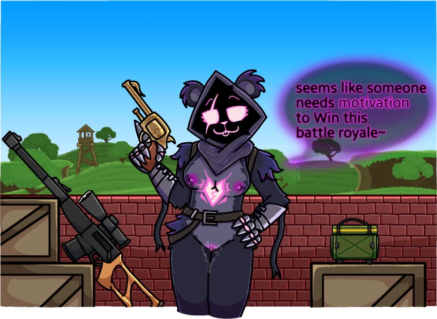 ammo_box ammunition anal_juice anthro armor belt belt_buckle bodily_fluids breasts brick_wall claws clothing crate darli_buni dialogue digital_media_(artwork) epic_games eyebrows female firearm fortnite fur gauntlets genital_fluids genitals gloves grass gun hand_on_hip handgun handwear holding_gun holding_object holding_weapon hood looking_at_viewer nature nature_background plant purple_text_border pussy pussy_juice raised_eyebrows ranged_weapon raven_team_leader revolver rifle sky sniper_rifle solo speech_bubble standing text tongue tongue_out translucent_speech_bubble tree trigger_discipline vaginal_fluids vss_vintorez wall_(structure) weapon