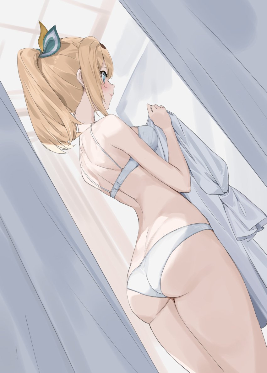 1girls 2020s 2023 absurd_res ass back_view blonde_hair blue_eyes blush bra breasts butt_crack crystal_shoujo dress female fitting_room hair_ornament hi_res holding holding_clothes holding_dress hololive hololive_japan holox kazama_iroha long_hair medium_breasts panties ponytail smile solo thighs underwear underwear_only virtual_youtuber voyeurism