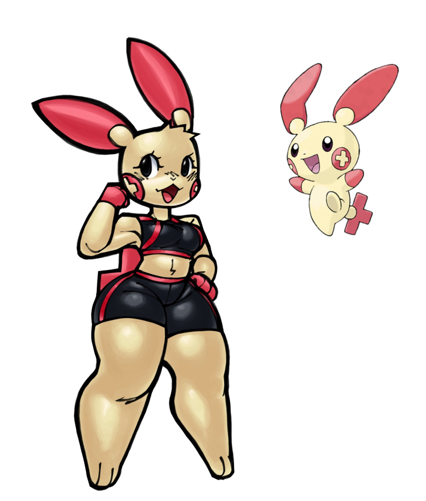 2023 anthro big_breasts black_eyes breasts cream_body cream_fur exposed_shoulders female female female_only flexing_bicep fur furry game_freak hand_on_hip hips looking_to_the_side midriff nintendo plusle pokémon_(species) pokemon pokemon pokemon_(species) red_body red_cheeks red_ears red_fur solls0ll solo solo_female sports_bra sports_shorts sportswear tagme tail thick_thighs thighs white_background wide_hips