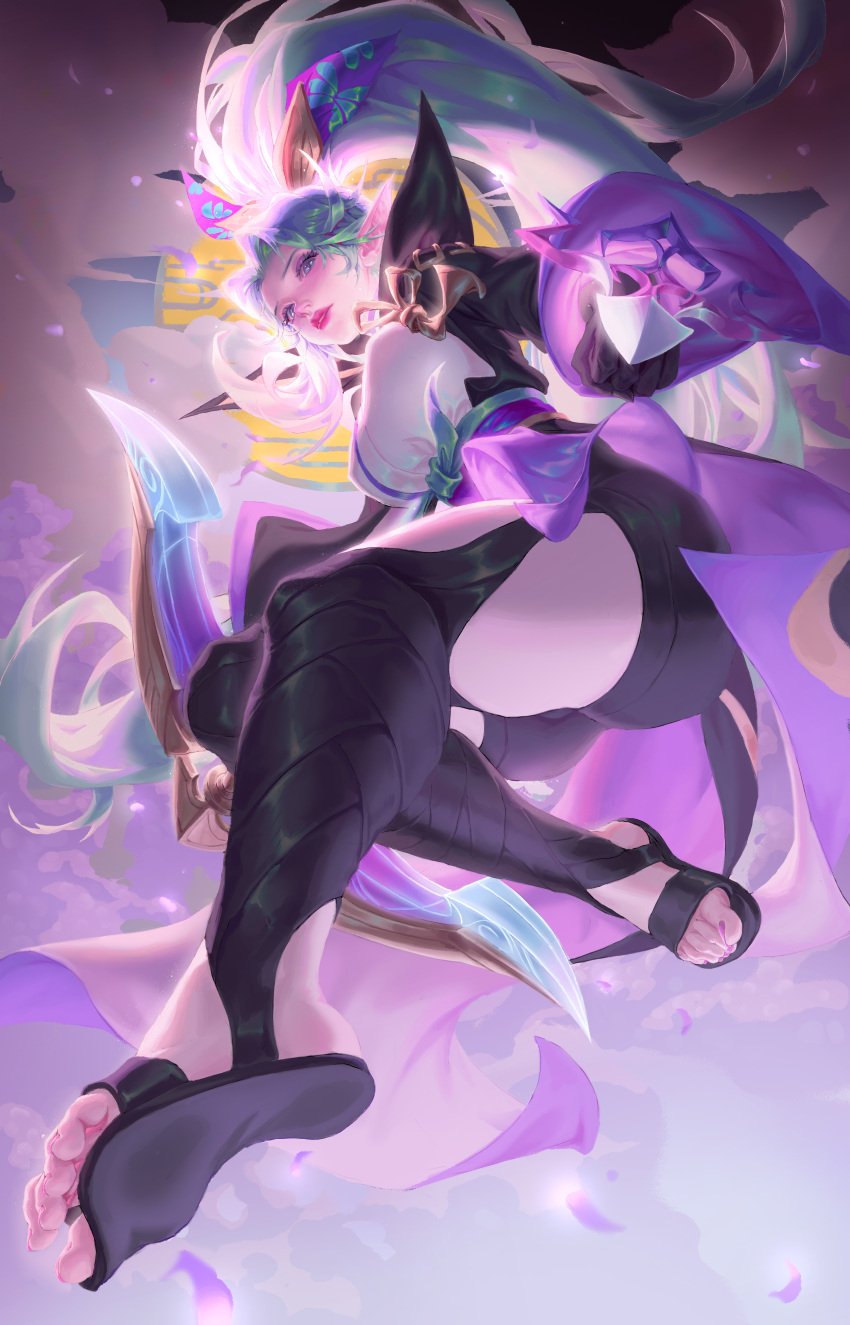 blue_hair elf_ears elf_female feet female female_only foot_fetish hi_res high_resolution highres league_of_legends legs long_hair long_legs looking_at_viewer ponytail riot_games solo solo_female spirit_blossom_series spirit_blossom_vayne stirrup_legwear thick_thighs thighs toes vayne