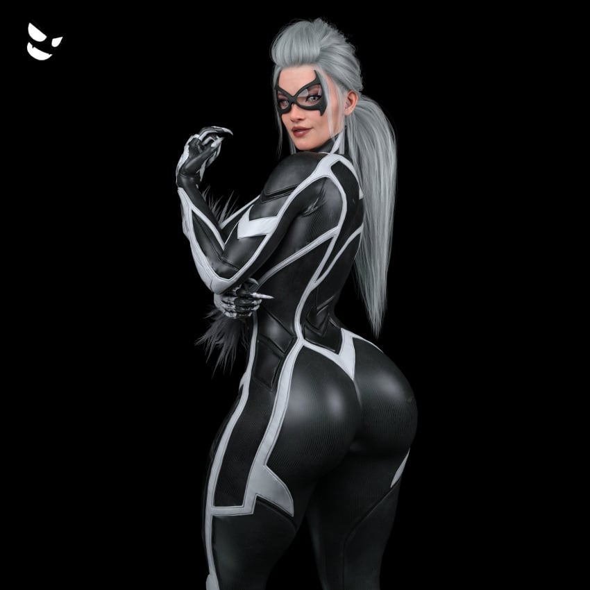 1girls 3d ass big_ass big_breasts black_background black_cat_(marvel) bodysuit breasts domino_mask felicia_hardy female female_only from_behind gm_studios large_breasts long_hair looking_back marvel marvel_comics silver_hair simple_background solo spider-man_(series) thick_thighs white_hair