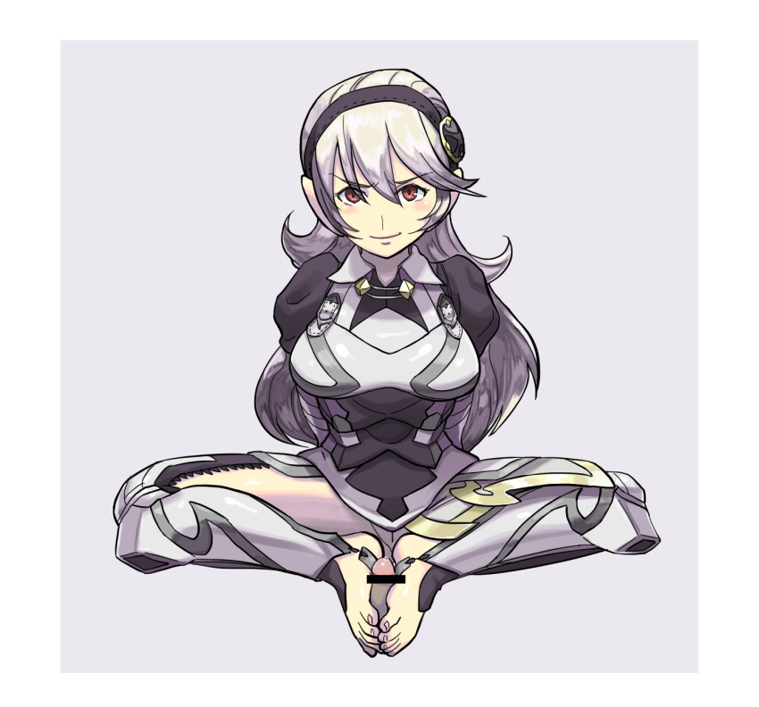 armor arms_behind_back bare_thighs bule censored corrin_(fire_emblem) corrin_(fire_emblem)_(female) eye_contact eyebrows_visible_through_hair feet female female_protagonist fire_emblem fire_emblem_fates footjob long_hair nintendo no_panties pov red_eyes sitting smile straight thighs