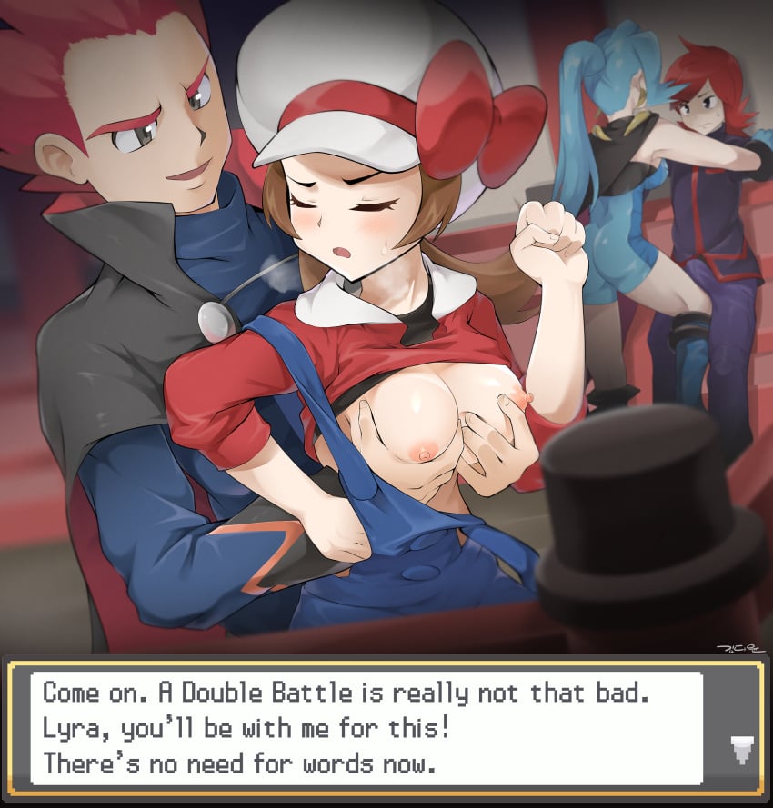 2boys 2girls absurdres breast_grab breasts brown_eyes brown_hair bulge champion clair_(pokemon) clothed english_text female game_freak gameplay_mechanics grabbing grabbing_from_behind groping health_bar highres hud human human_only kim_da-yoon lance_(pokemon) lyra_(pokemon) nintendo nipples philipposter pokemon pokemon_battle pokemon_gsc pokemon_hgss pokemon_rgby silver_(pokemon) small_breasts straight text text_box text_focus translated twintails watermark