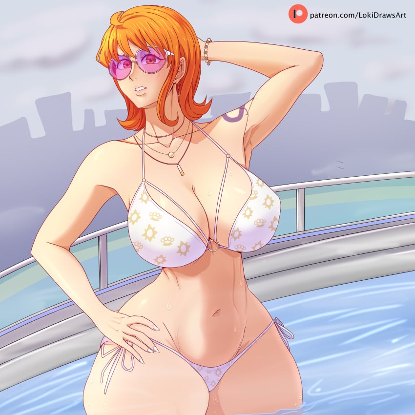 1girls bare_arms bare_legs bare_shoulders bare_thighs big_breasts bikini bikini_bottom bikini_top color female female_focus female_only hi_res large_breasts light-skinned_female light_skin lokidrawsart looking_at_viewer nami nami_(one_piece) one_piece orange_eyes orange_hair pink-tinted_eyewear pool pool_party_girl_(gta_vi) pre-timeskip short_hair shounen_jump solo solo_female sunglasses tagme tattoo thick_thighs tinted_eyewear water