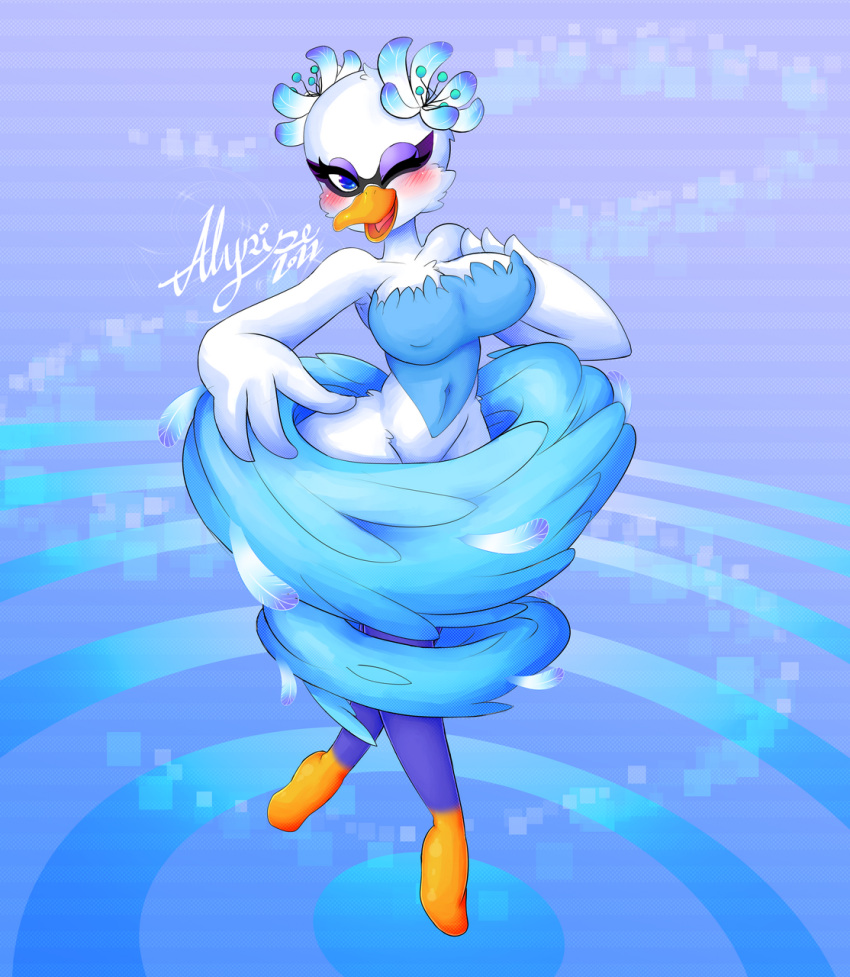 alyrise ballerina beak bird blue_eyes blush eyeshadow fleurina flower_on_head innie_belly_button kirby_(series) large_ass large_breasts smile tiptoes white_body wide_hips