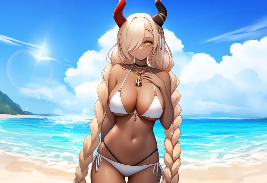 ai_generated azur_lane bangs beach blonde_hair clouds dark-skinned_female day female female female_focus female_only hair_over_one_eye hand_on_own_chest hanging_breasts horn_ornament horns large_breasts light_smile looking_at_viewer low_twin_braids mole_under_mouth owari_(azur_lane) seaside side-tie_bikini standing sun very_long_hair white_bikini yellow_eyes