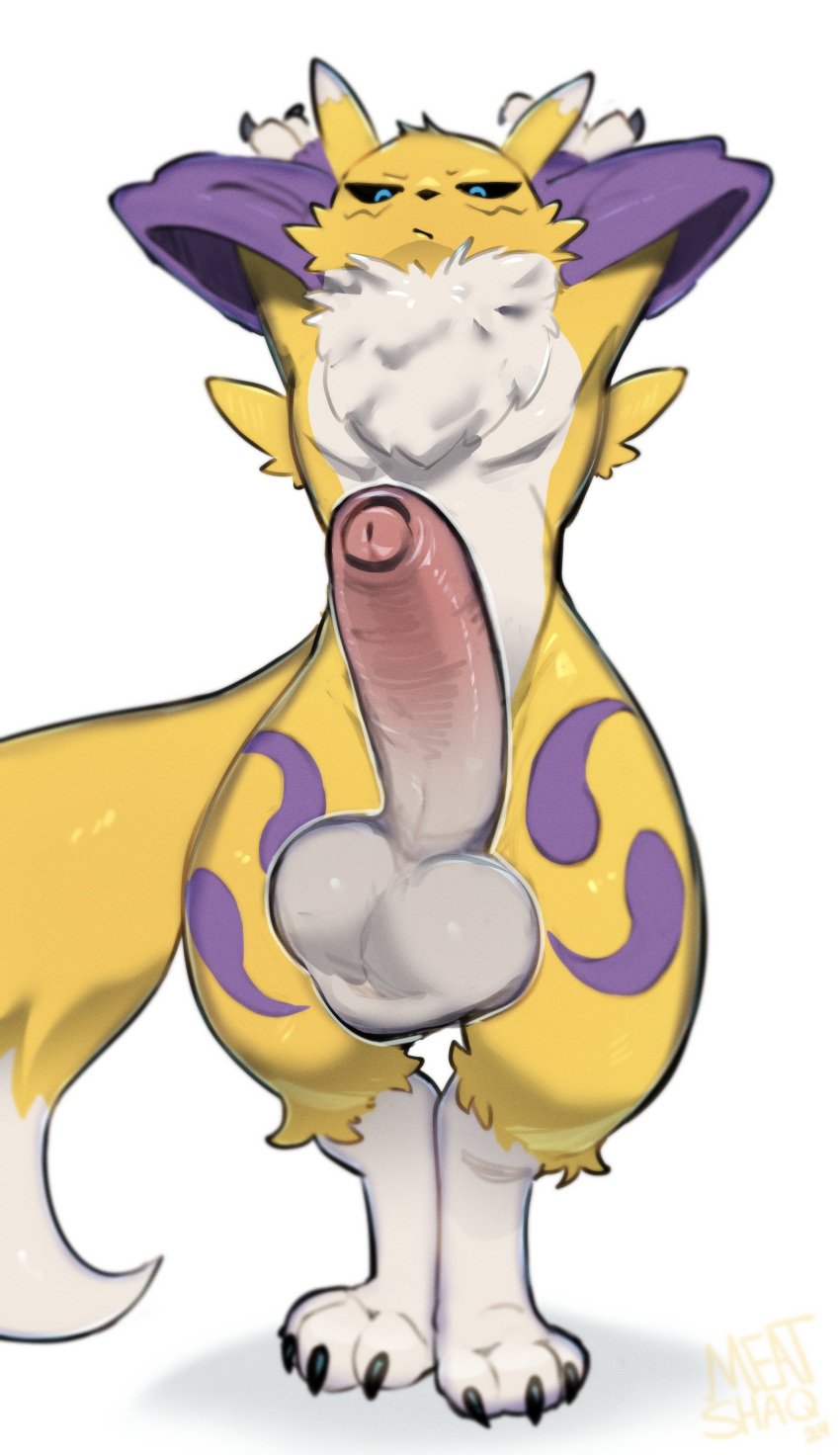 anthro anthro_only arms_behind_head balls big_balls big_penis dick digimon foreskin male male_only male_renamon meatshaq penis presenting_penis renamon serious_face serious_look yellow_fur