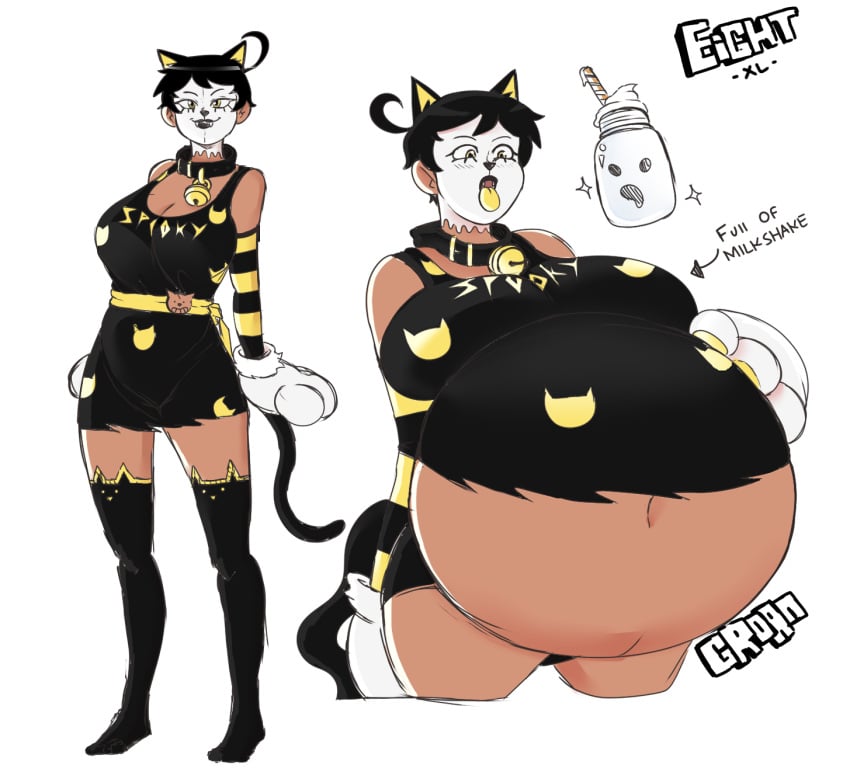 1girls belly cat_costume cat_ears eightxl fat female fizz_(eightxl) huge_belly onomatopoeia stuffed_belly