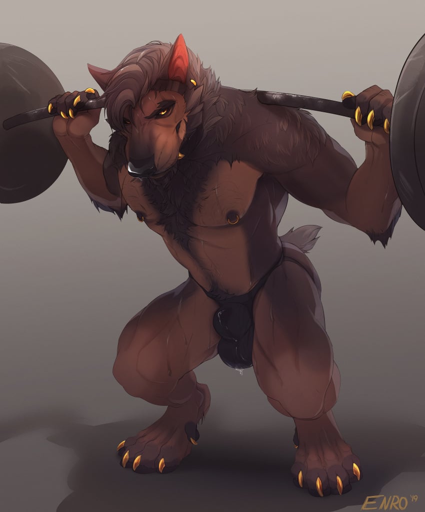 anthro bodily_fluids bulge canid canine canis clothing distracting_watermark enro enro_the_mutt exercise genital_fluids jockstrap looking_at_viewer male mammal muscular muscular_anthro muscular_male precum precum_through_clothing solo standing sweat underwear watermark weightlifting wet wet_clothing wolf workout
