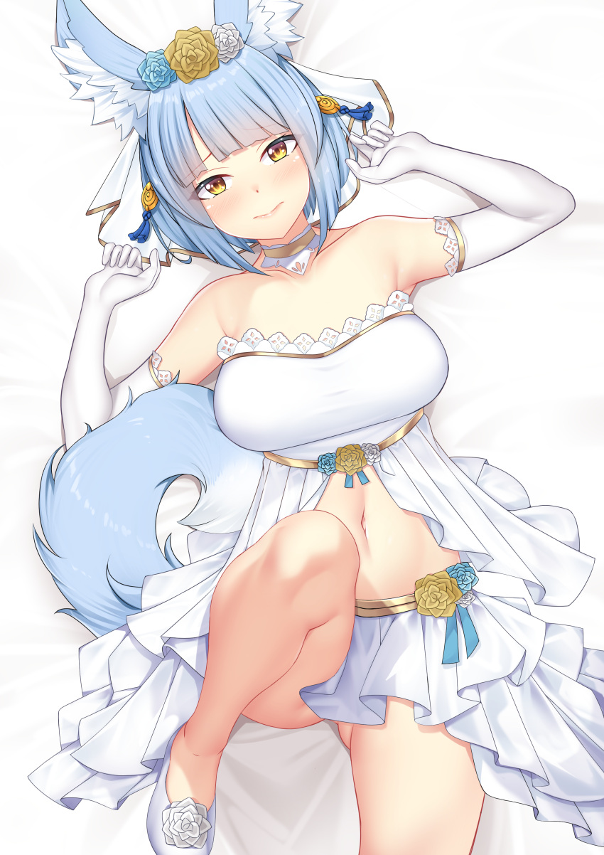 1girls absurdres alternate_costume alternate_hair_color animal_ear_fluff animal_ears ass_visible_through_thighs bad_source belly_button blue_hair collar commission dress elbow_gloves female female_only fire_emblem fire_emblem_fates flats flower fox_ears fox_girl fox_tail gloves hair_flower hair_ornament highres kitsune light_blush looking_at_viewer lying midriff nabunabu navel nintendo on_back selkie_(fire_emblem) short_hair solo tail wedding_dress white_background yellow_eyes