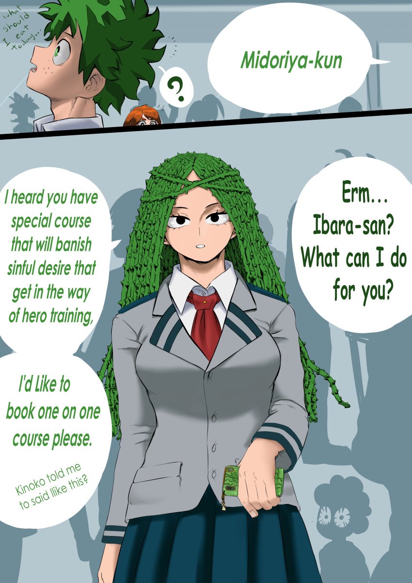 1boy amano44 female green_hair ibara_shiozaki imminent_sex izuku_midoriya minoru_mineta my_hero_academia phone plant_hair requested_sex school_uniform sex_request shiozaki_ibara vine_hair