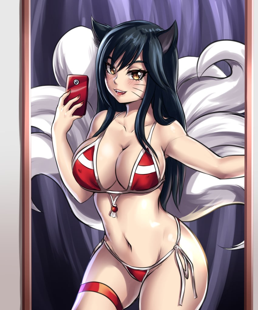 1girls ahri animal_ears animal_tail big_breasts bikini black_hair female fox_ears large_breasts league_of_legends leonart long_hair mirror multiple_tails phone riot_games selfie thick_thighs thighs wide_hips yellow_eyes