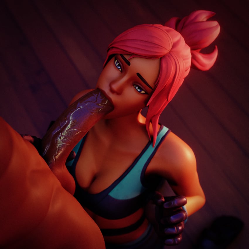 1boy 1girls 3d 3d_(artwork) big_breasts big_penis blowjob cleavage dark-skinned_female dark_skin down_blouse fortnite macklesternsfw ocean_(fortnite)