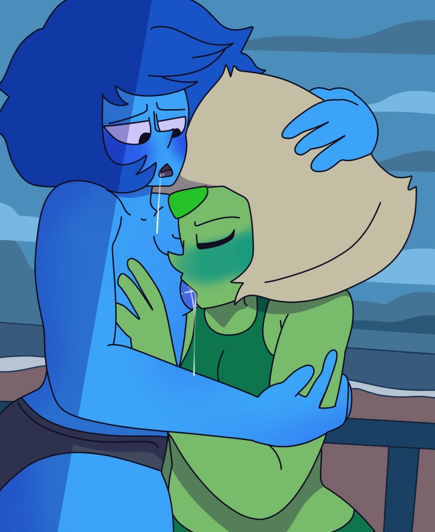 2023 2girls areolae black_panties blonde_hair blue_body blue_hair blue_skin blush bra breasts cartoon_network closed_eyes clouds drawinecchi gem_(species) green_body green_skin hand_on_head hugging humanoid lapidot lapis_lazuli_(steven_universe) multiple_girls no_bra ocean open_mouth panties peridot_(steven_universe) saliva saliva_trail sand sea seaside self_upload smaller_female steven_universe sucking_nipples tongue yuri