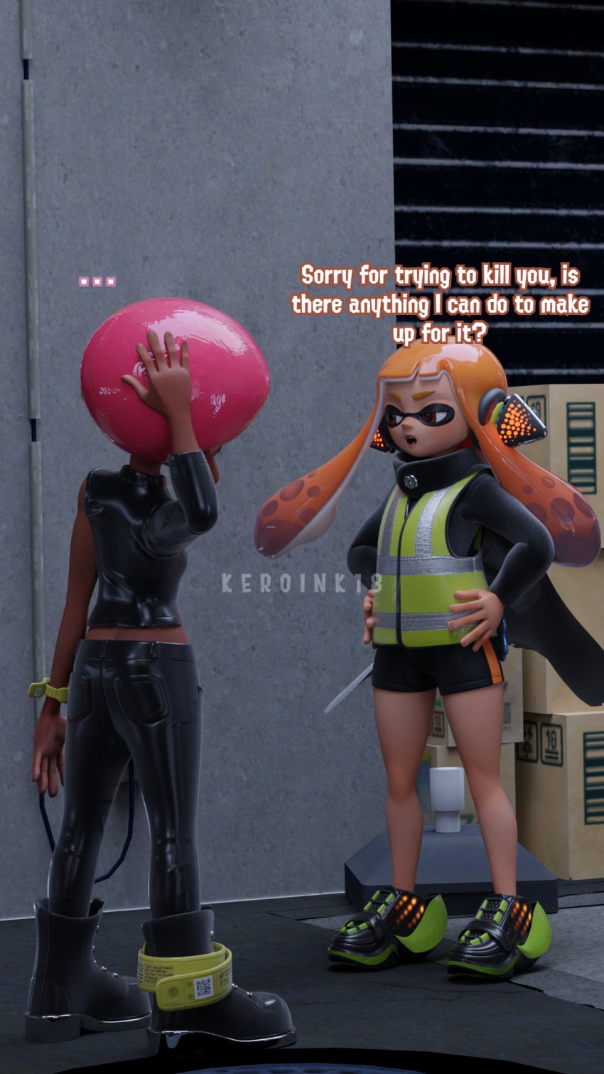 3d agent_3_(splatoon) agent_8_(splatoon) bargaining clothed clothing dark-skinned_male dark_skin dialogue female headphones inkling inkling_girl keroink18 male octoling octoling_boy orange_hair pale_skin pale_skinned_female public safety_vest self_upload splatoon splatoon_2 text