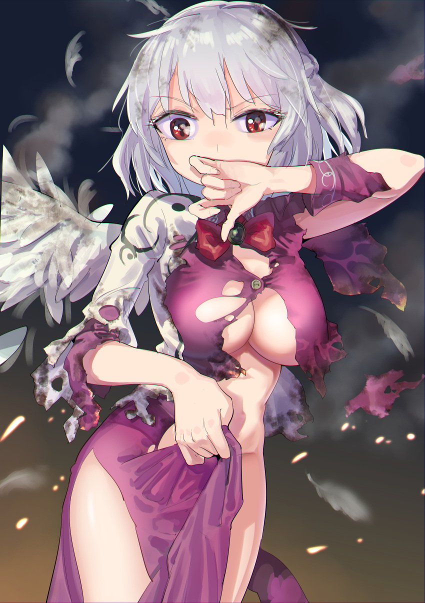 absurdres bow braid breasts burnt_clothes covering_crotch covering_own_mouth covering_privates cowboy_shot dress dress_tug feathered_wings feathers female gunnjou_yosio hair_between_eyes hand_to_own_mouth highres huge_filesize jacket kishin_sagume looking_at_viewer medium_breasts medium_hair no_bra no_panties purple_dress red_bow red_eyes red_neckwear sagume_kishin silver_hair single_wing solo thighs torn_clothes torn_dress torn_jacket touhou white_wings wings