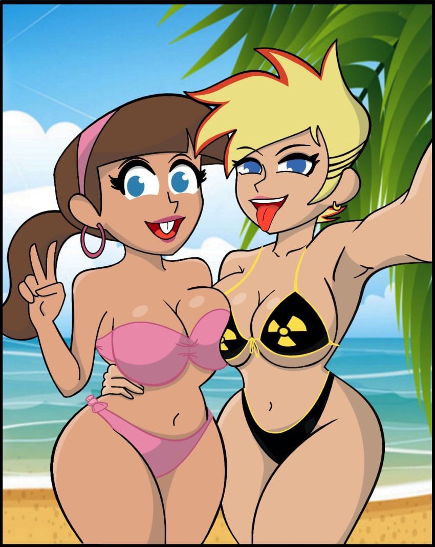 2girls artist_request ass beach big_ass big_breasts bikini blonde_hair blue_eyes breasts brown_hair canon_genderswap cartoon_network crossover earring earrings female female_only genderswap genderswap_(mtf) huge_breasts jenny_test johnny_test johnny_test_(series) large_ass large_breasts multiple_girls nickelodeon rule_63 selfie the_fairly_oddparents thick_thighs timantha timmy_turner tongue_out wide_hips