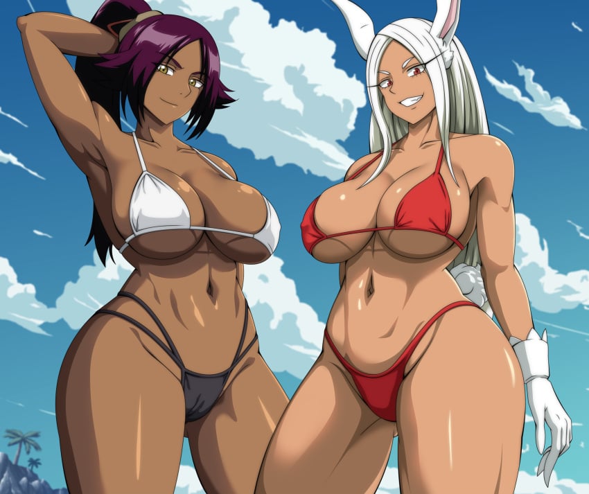 2girls animal_ears armpits bikini bleach boku_no_hero_academia breasts cleavage crossover dark-skinned_female dark_skin female female_only gloves grin highleg highleg_bikini highres large_breasts looking_at_viewer miruko mismatched_bikini multi-strapped_bikini multiple_girls my_hero_academia navel ponytail purple_hair rabbit_ears red_bikini red_eyes rumi_usagiyama shihouin_yoruichi smile stomach swimsuit thick_thighs thighs trait_connection underboob white_gloves white_hair yellow_eyes