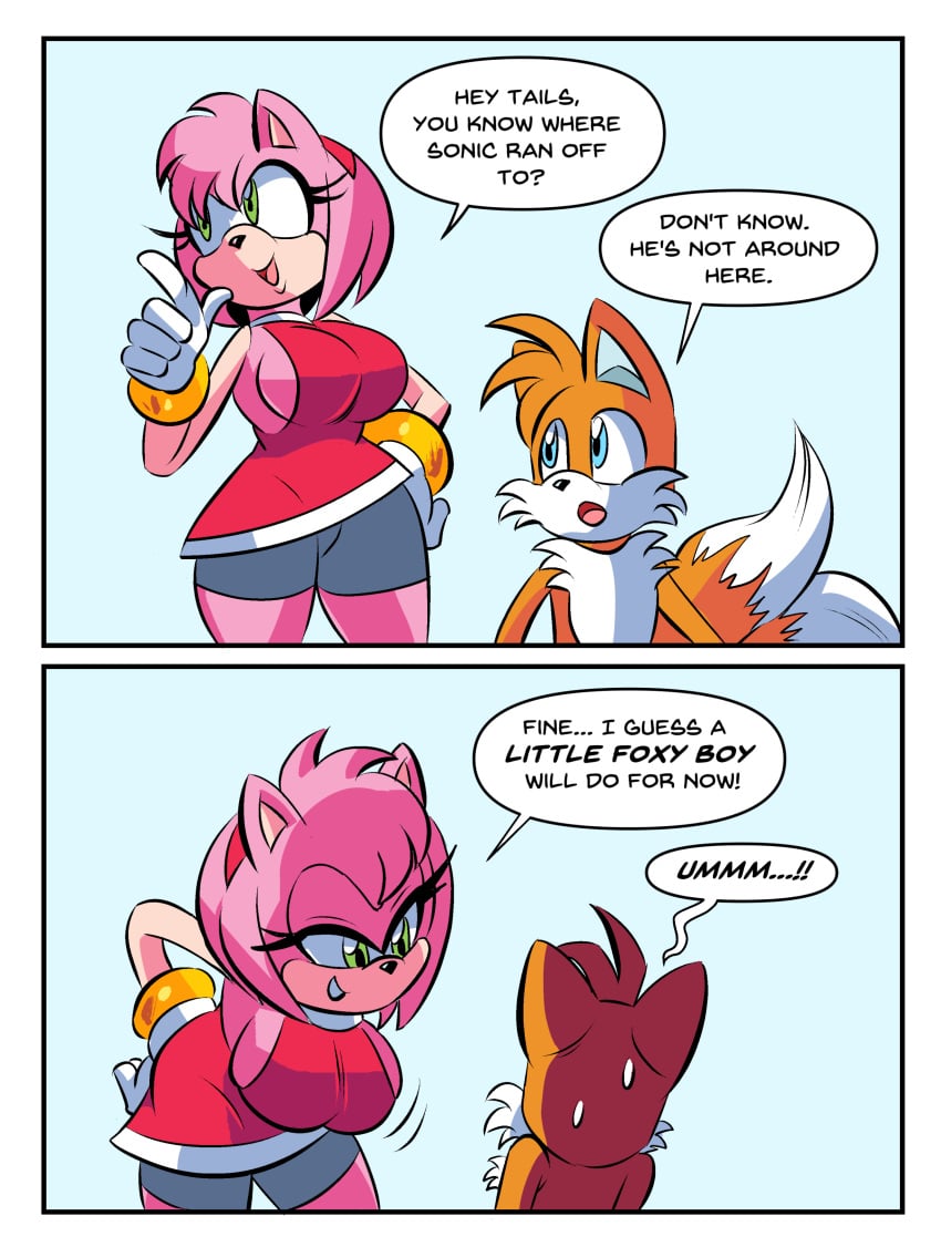 1boy 1girls amy_rose anthro big_breasts bike_shorts cleavage comic english_text exposed_torso eye_contact female femdom footwear fox glassfish gloves handwear hedgehog imminent_sex larger_female male minidress older_female pink_hair sega shorts smaller_male sonic_(series) sonic_the_hedgehog_(series) spats speech_bubble straight sweat tagme tails tails_the_fox text younger_male