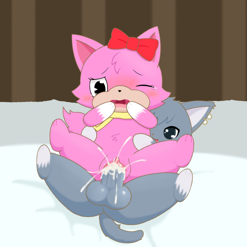 :3 anthro bodily_fluids crossover cum dian_(jewelpet) disney domestic_cat duo fangs felid feline felis female fur genital_fluids genitals grey_body grey_fur hi_res humanoid_genitalia jewelpet jewelpet_(species) male male/female mammal pac-man_eyes pancake_(toontown) penis pink_body pink_fur red_bow sanrio scarf sega sega_toys tears teeth toontown toontown_online usagityann_(artist)