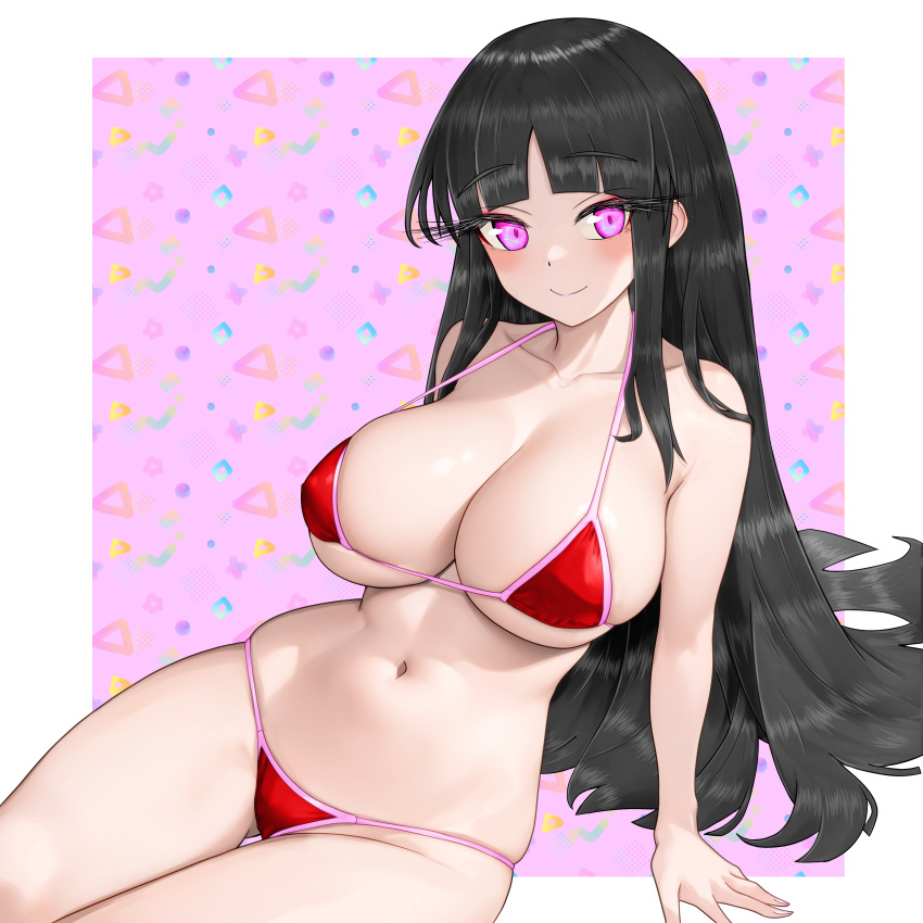 1girls absurdres arm_support bare_arms bare_shoulders big_breasts bikini black_hair blunt_bangs blush breasts cleavage collarbone commentary_request curvy eyelashes female female_only gluteal_fold highres houraisan_kaguya kaguya_houraisan large_breasts light-skinned_female light_skin long_eyelashes long_hair looking_at_viewer navel nipple_bulge pink_background pink_eyes red_bikini simple_background sitting skindentation smile solo star_(symbol) sugar_you swimsuit thigh_gap touhou very_long_hair wide_hips yokozuwari