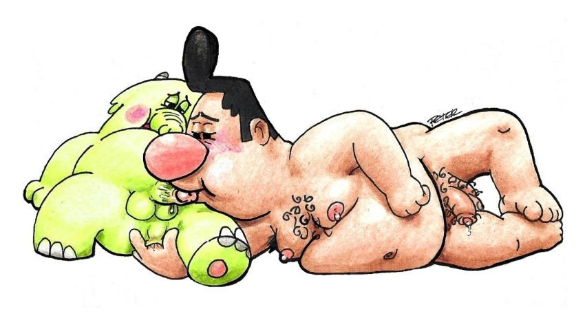 2boys big_nose black_hair cartoon_network chest_hair chubby demon dilf duo fat fred_fredburger gay green_body harold_uglio male male_only monster penis the_grim_adventures_of_billy_and_mandy white_background